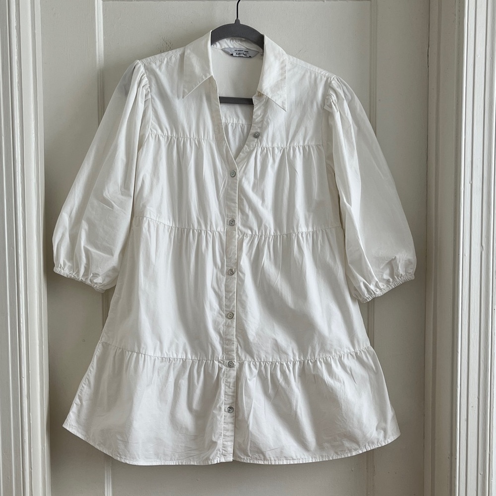 & Other Stories Tiered Cotton Fully Lined Puff Sleeve Shirtdress Mini Dress XS - Picture 2 of 13